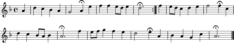 
\new Staff <<
\clef treble
\new Voice = "Soprano"
  { \key d \minor \tempo 4=60 \set Staff.midiInstrument = "oboe" {
      \set Score.tempoHideNote = ##t
      \override Score.BarNumber  #'transparent = ##t      
      \time 4/4      
      \relative c''
      \repeat volta 2 { \partial 4 a4 | d4 c bes a | g2 a4\fermata e' | f f e8 d e4 | d2.\fermata } 
      \relative c'' {
      f4 | e8 d c4 d e | f2 f4\fermata \break c | d c bes8 a bes4 | a2.\fermata f'4 | e8 f g4 f e | d2 e4\fermata a, | bes a g c | a2.\fermata \bar "|."
      }
    }
  }
>>
