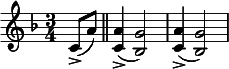  \relative c' { \clef treble \key f \major \time 3/4 \partial 4*1 c8(-> a') \bar "||" <a c,>4->( <g bes,>2) | <a c,>4->( <g bes,>2) } 