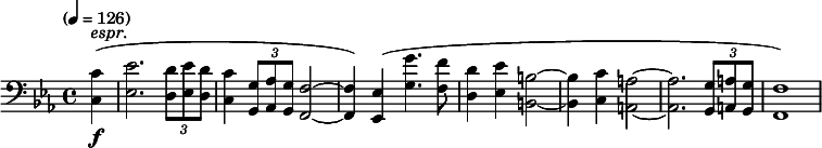  \new Staff \relative c {
  \clef bass \time 4/4 \key c \minor \tempo "" 4=126 \partial 4
  <c c'>4-\f^\markup{\italic "espr."} (<ees ees'>2. \times 2/3 {<d d'>8 <ees ees'> <d d'>} <c c'>4 \times 2/3 {<g g'>8 <aes aes'> <g g'>} <f f'>2~q4) <ees ees'>4 (<g' g'>4. <f f'>8 <d d'>4 <ees ees'> <b b'>2~q4 <c c'>4 <a a'>2~q2.
  \times 2/3 { <g g'>8 <a a'> <g g'> } <f f'>1 )
} 