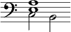 { \override Score.TimeSignature #'stencil = ##f \time 6/4 \clef bass << { <e a>1 } \\ { c2 b, }  >> }