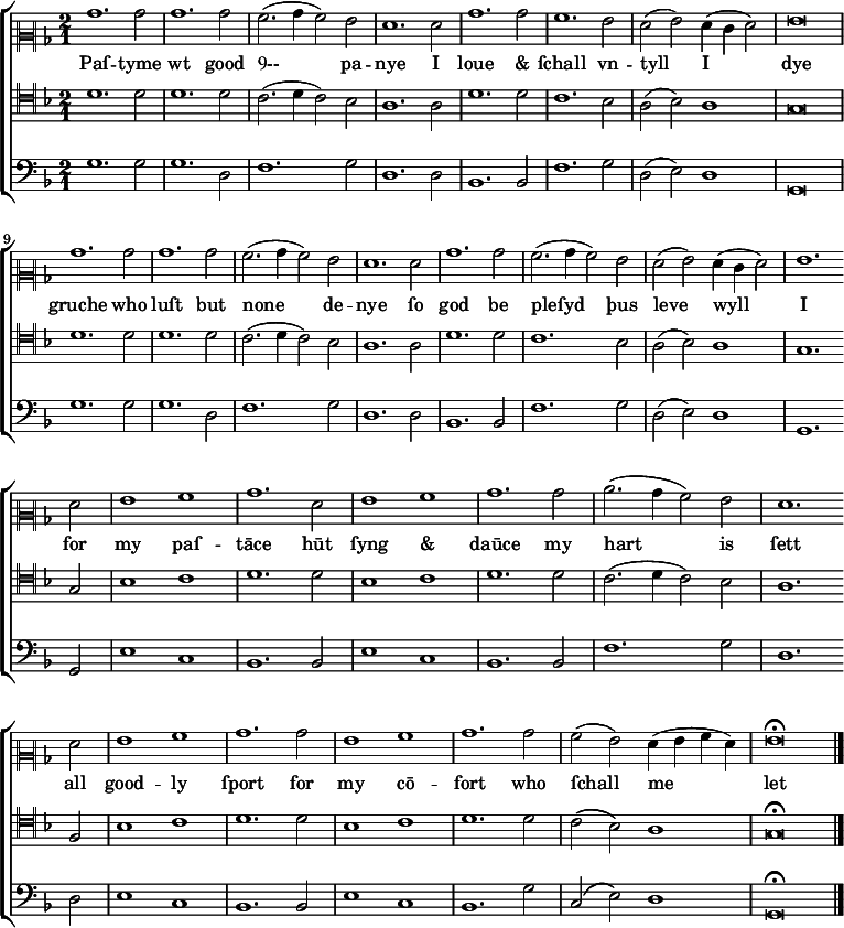 
  \version "2.10.33"
  \new ChoirStaff <<
    \new Staff {
      \set Score.tempoHideNote = ##t
      \tempo 1 = 125
      \time 2/1 \key g \dorian
      \clef "neomensural-c2"
      %% \override NoteHead #'style = #'petrucci
      bes'1. bes'2 bes'1. bes'2  a'2. (bes'4 a'2) g'2 f'1. 
      f'2 bes'1. bes'2 a'1. g'2 f' (g') f'4 (e' f'2) g'\breve \break
      bes'1. bes'2 bes'1. bes'2  a'2. (bes'4 a'2) g'2 f'1.
      f'2 bes'1. bes'2 a'2. (bes'4 a'2)  g'2 f' (g') f'4 (e' f'2) g'1. \bar "" \break
      f'2 g'1 a' bes'1.    f'2 g'1 a' bes'1.   bes'2 c''2. (bes'4 a'2) g' f'1. \bar "" \break
      f'2 g'1 a' bes'1.  bes'2 g'1 a' bes'1.   bes'2 a' (g') f'4 (g' a' f')   
      g'\breve\fermata      \bar "|."
    } %% /new Staff
    \addlyrics { 
      Paſ -- tyme wt good Ꝯ-- pa -- nye 
      I loue "&" ſchall vn -- tyll I dye 
      gruche who luſt but none de -- nye
      ſo god be pleſyd þus leve wyll I
      for my paſ -- tāce 
      hūt ſyng "&" daūce
      my hart is ſett
      all good -- ly ſport
      for my cō -- fort
      who ſchall me let
    } %% /addlyrics
    \new Staff {
      \time 2/1 \key g \dorian
      \clef "neomensural-c4"
      d'1. d'2 d'1. d'2 c'2. (d'4 c'2) bes2 a1. a2 d'1. d'2 c'1. bes2 a2 (bes2) a1 g\breve
      d'1. d'2 d'1. d'2 c'2. (d'4 c'2) bes2 a1. a2 d'1. d'2 c'1. bes2 a2 (bes2)
      a1 g1. g2 bes1 c'1 d'1. d'2 bes1 c'1 d'1. d'2 c'2. (d'4 c'2) bes2
      a1. f2 bes1 c'1 d'1. d'2 bes1 c'1 d'1. d'2 c'2 (bes2) a1 g\breve\fermata \bar "|."
    } %% /new Staff
    \new Staff {
      \time 2/1 \key g \dorian
      \clef bass
      g1. g2 g1. d2 f1. g2 d1. d2 bes,1. bes,2 f1. g2 d2 (e2) d1 g,\breve
      g1. g2 g1. d2 f1. g2 d1. d2 bes,1. bes,2 f1. g2 d2 (e2)
      d1 g,1. g,2 e1 c1 bes,1. bes,2 e1 c1 bes,1. bes,2 f1.
      g2 d1. d2 e1 c1 bes,1. bes,2 e1 c1 bes,1. g2 c2 (e2) d1 g,\breve\fermata \bar "|."
    } %% /new Staff
  >> %% /new ChoirStaff
