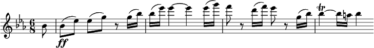 
\relative c'' {
  \key es \major \time 6/8
  \partial 8 bes8 | bes8\ff( es) es([ g)] r g16( bes) |
  bes16( es) es4~ es es16( g) |
  f8 r d16( f) es8 r g,16( bes) |
  bes4\trill~ bes16 a bes4
}
