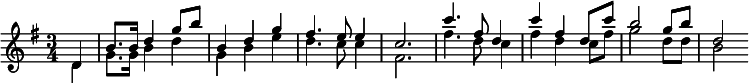  \relative c' { \clef treble \key g \major \time 3/4 \partial 4*1 << { d4 | b'8. b16 d4 g8 b | b,4 d g | fis4. e8 e4 | c2. | c'4. fis,8 d4 | c' fis, d8 c' | b2 g8 b | d,2 } \\ { d,4 | g8. g16 b4 d | g, b e | d4. c8 c4 | fis,2. | fis'4. d8 c4 | fis d c8 fis | g2 d8 d | b2 } >> } 