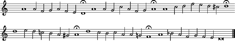 
{ \key c \major 
\time 64/2
\set Score.tempoHideNote = ##t
\tempo 2=100
\set Staff.midiInstrument = "english horn"
\override Score.TimeSignature #'transparent = ##t
\override Score.BarNumber  #'transparent = ##t
 a'1 a'2 f' g' a' f' e' d'1\fermata \bar "!" a'1 a'2 g' c'' a' f' g' a'1\fermata \bar "!" a' c''2 d'' f'' e'' d'' cis'' d''1\fermata \bar "!" d''
 e''2 d'' c'' b' a' gis' a'1\fermata \bar "!" d'' c''2 b' c'' a' a' g' f'1\fermata  \bar "!" a' bes'2 a' f' g' f' e' d'\breve\bar "|."}
